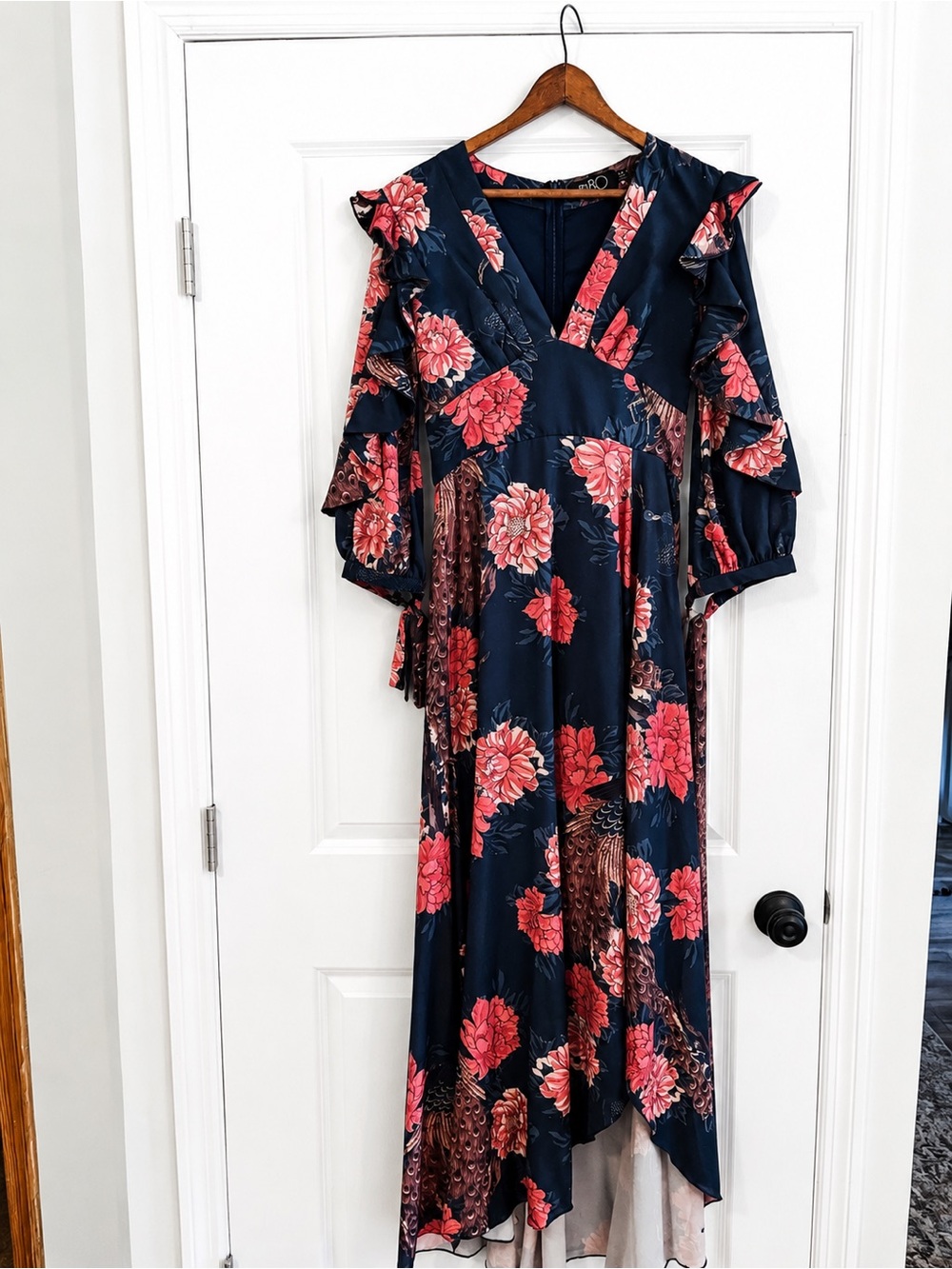 PatBO Floral High-Low Maxi Dress Size 4 Ruffle Sleeve Peacock Print Dress